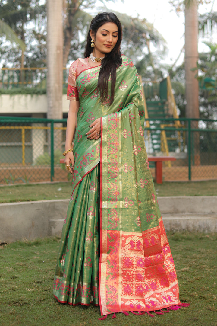 Green Isha Organza Silk Sarees Ikkat Patola concept With Ikkat Patola weave pallu with tassels
