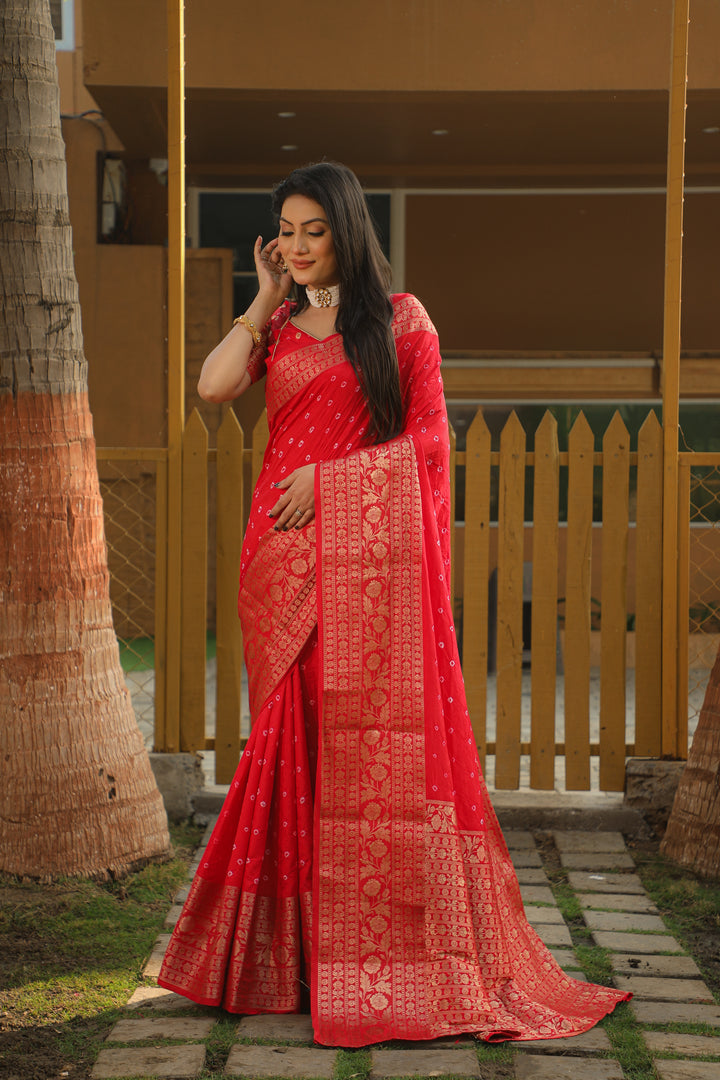 Red Toral Bandhej Kanjivaram Silk Saree Kanjivaram Border With Zari Weaving Rich Pallu