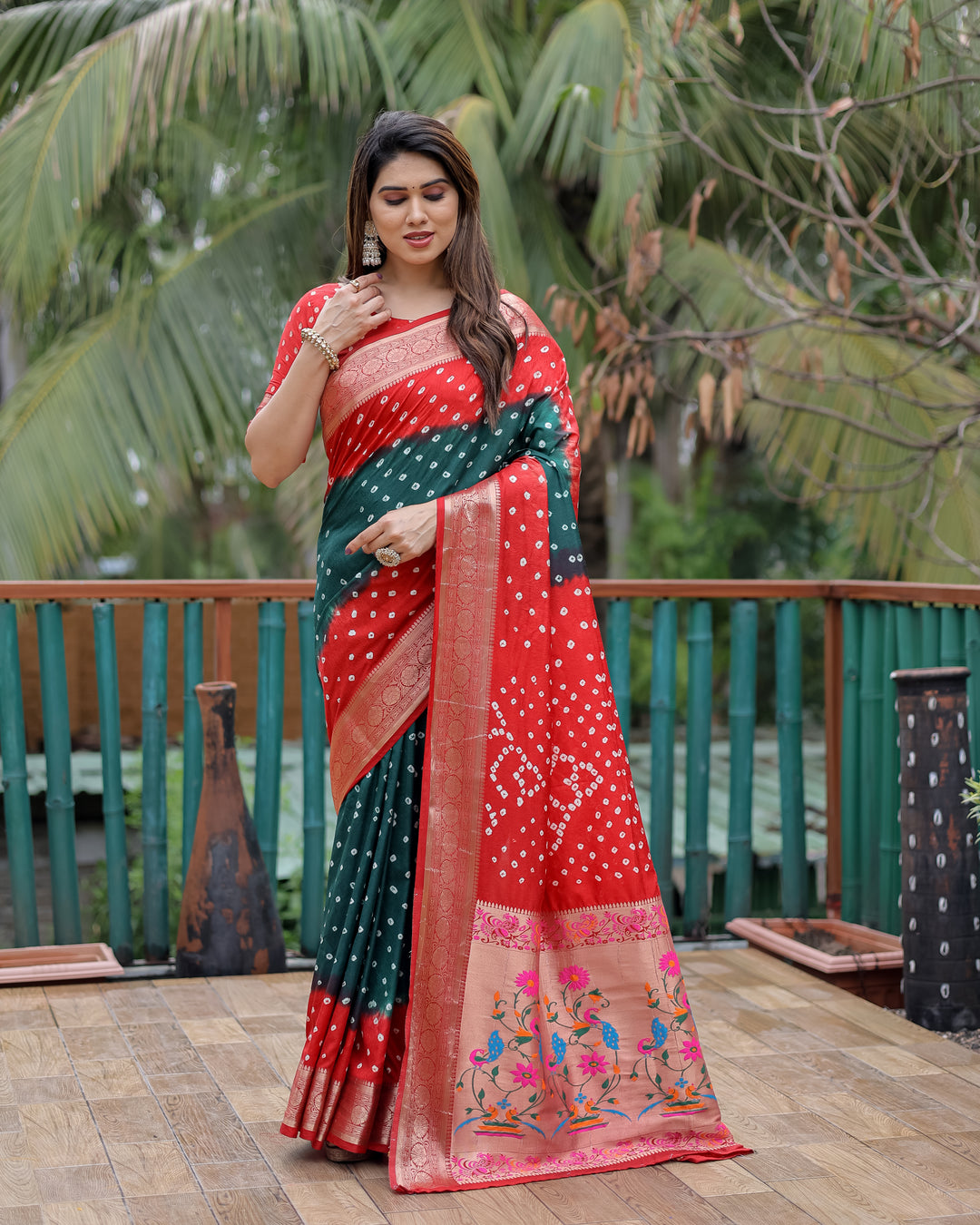 Dark Green Devika Dola Soft Silk Bandhej Sarees Jari Paithani Weaving Border & Weaving Paithani Style Rich Pallu