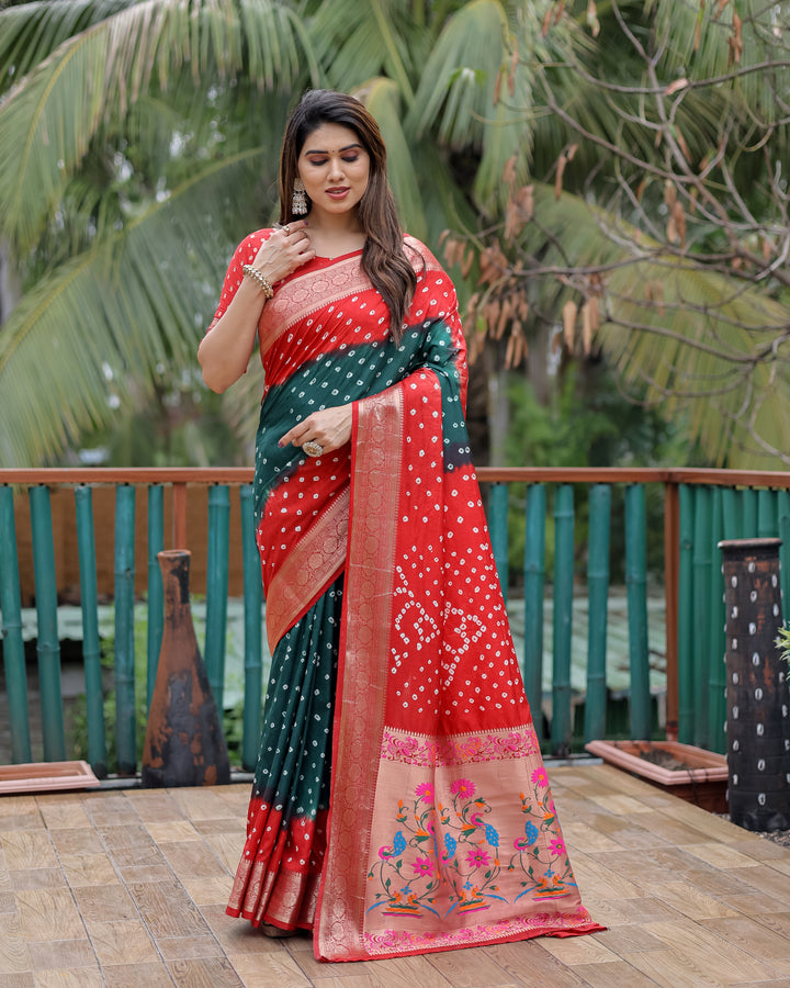 Dark Green Devika Dola Soft Silk Bandhej Sarees Jari Paithani Weaving Border & Weaving Paithani Style Rich Pallu