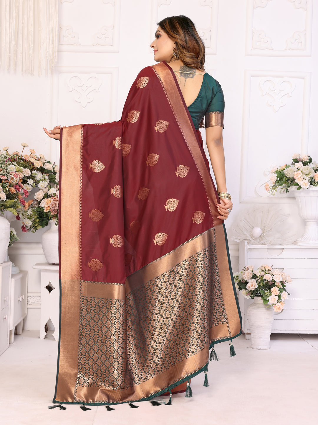 Maroon Vardhman Lichi soft Silk sarees woven Butta concept & woven Zari borders both sides