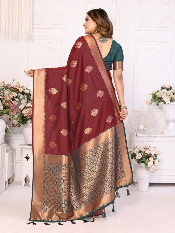 Maroon Vardhman Lichi soft Silk sarees woven Butta concept & woven Zari borders both sides
