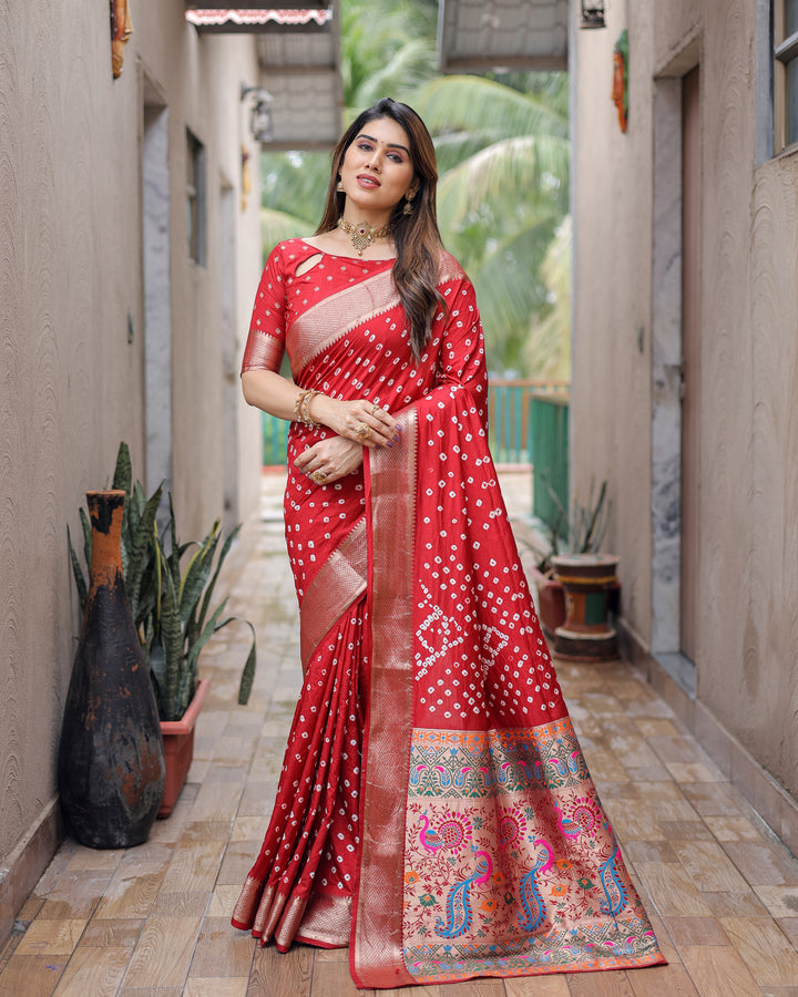 Maroon Yashomati Dola Soft Silk Bandhej Sarees With Awesome Two Sides Jari Border &  Paithani Style Rich Pallu