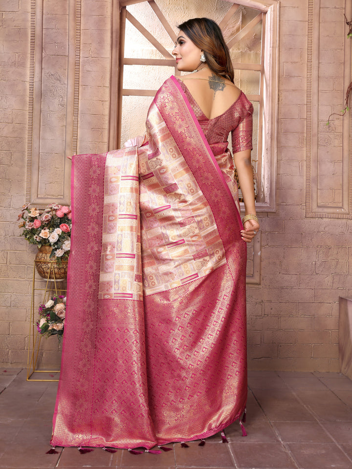 Beige Somya Banarasi Chaturi silk saree ,Jari weaving Border and Weaving rich pallu