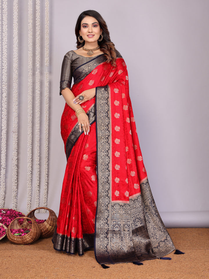 Red Sandhya Satin Silk Sarees With Butta Designs & Contrast Zari Woven Borders