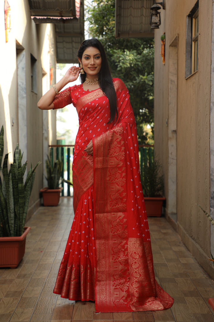 Red Suvarna-3 Bandhej Kanjivaram silk saree And Kanjivaram Border with Zari Weaving Rich Pallu