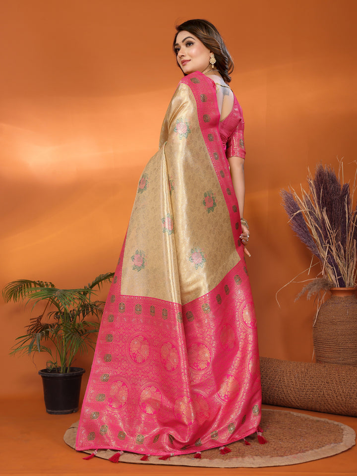 Beige Saroj Banarasi Silk Saree With Contrast Paithani Woven Borders & Pallu