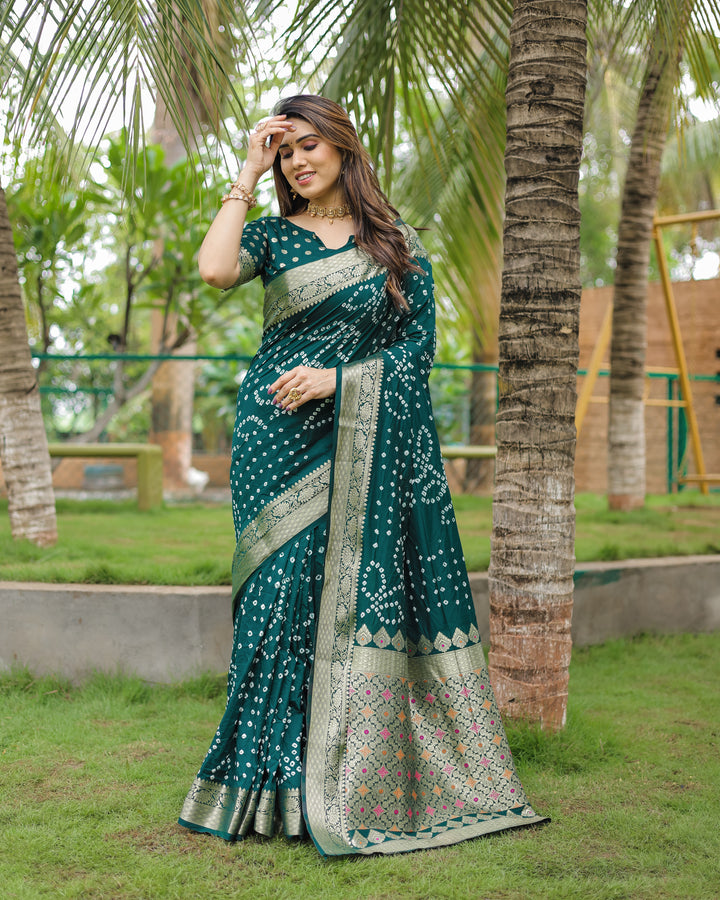 Green Padmavati Dola Soft Silk Bandhej Saree With All Over Handmade Bandhej With Jari Weaving Border