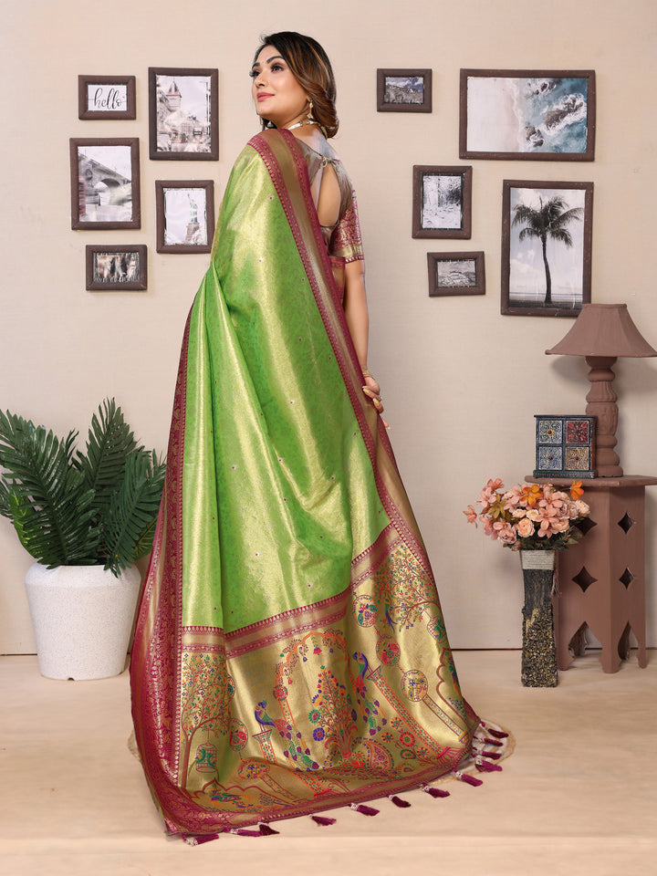 Parrot Green Vantara Banarasi Tissue Silk Saree With Contrast Paithani Woven Borders & Pallu