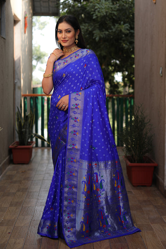 Blue Yogeshwari Dola Soft Silk Bandhej Saree With Jari Border & Weaving Paithani Style Rich Pallu