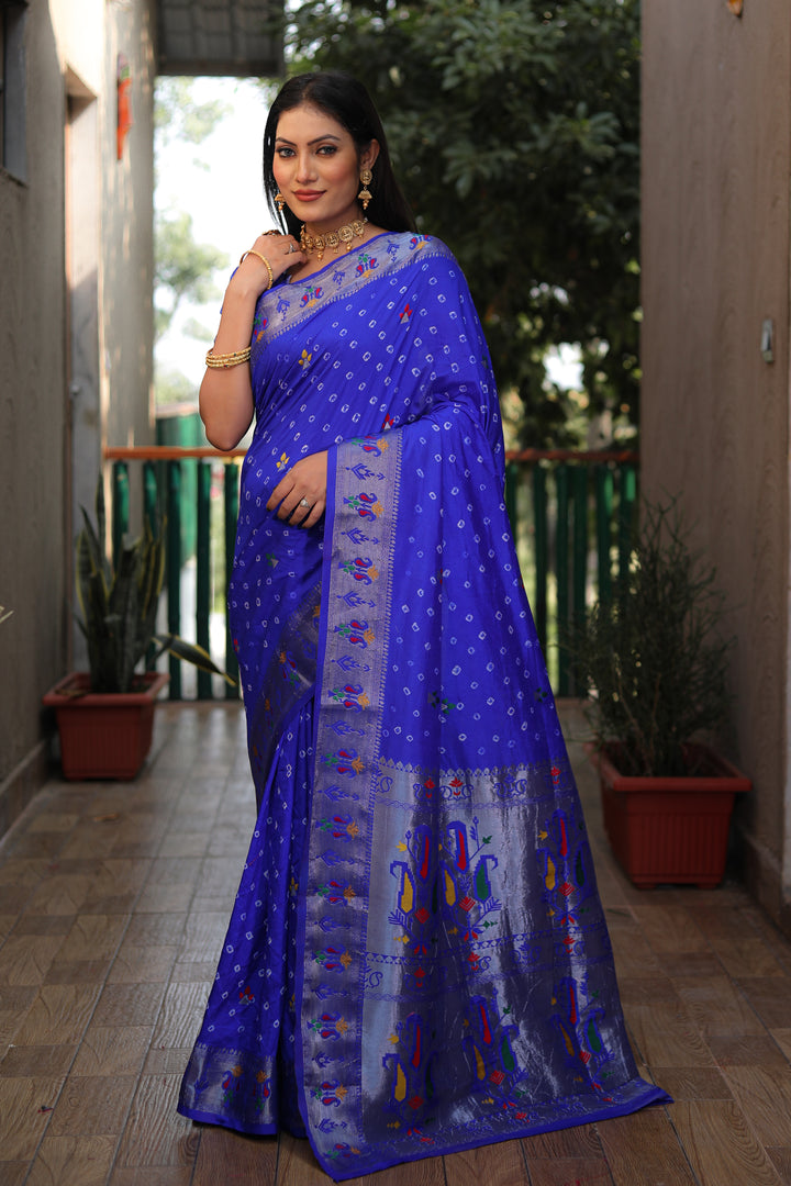 Blue Yogeshwari Dola Soft Silk Bandhej Saree With Jari Border & Weaving Paithani Style Rich Pallu