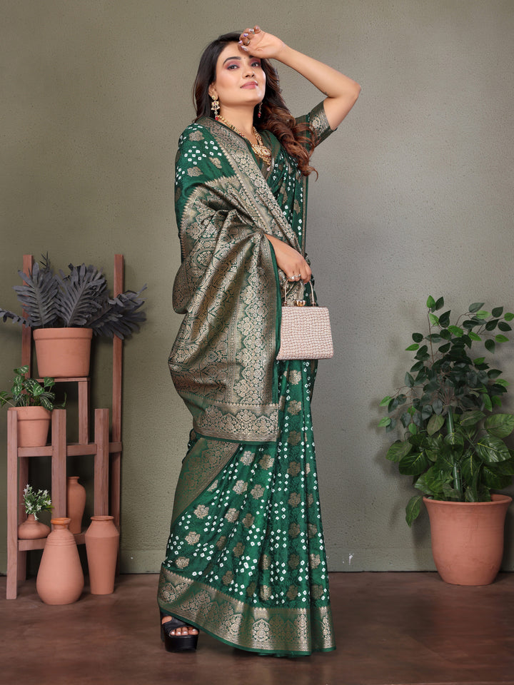 Green Shakuntala Bandhej Silk Saree With Zari Weaving Butta & Zari Rich Pallu With Beautiful Design & Broad Border