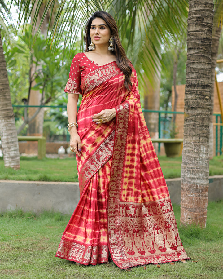 Maroon Rangavelly Sibori Print Paithani Silk Sarees With Gold Zari Paithani Border & Contrast Rich Pallu