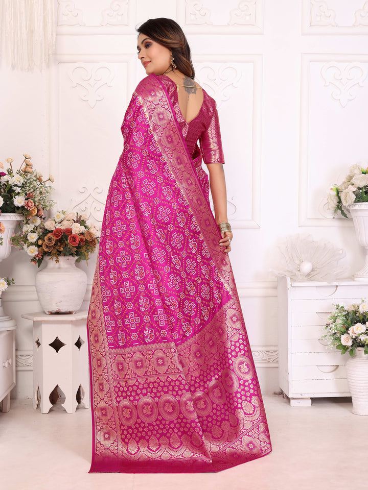 Pink Samshira Soft Satin Silk Bandhej Print Saree With Zari Border Design And Having Rich Pallu