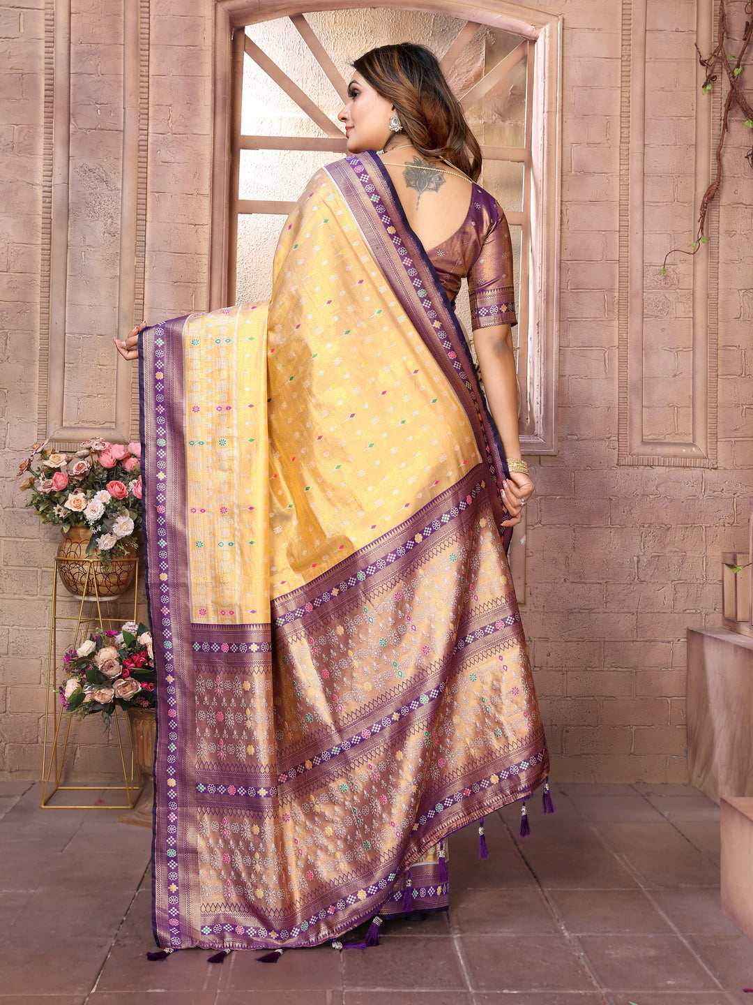 Purple Tarveni Banarasi Tissue Silk (Patola weaving) Saree With Contrast Patola Woven Borders & Pallu