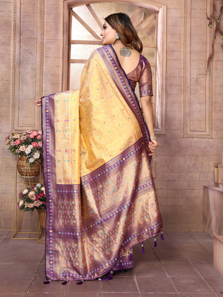 Purple Tarveni Banarasi Tissue Silk (Patola weaving) Saree With Contrast Patola Woven Borders & Pallu