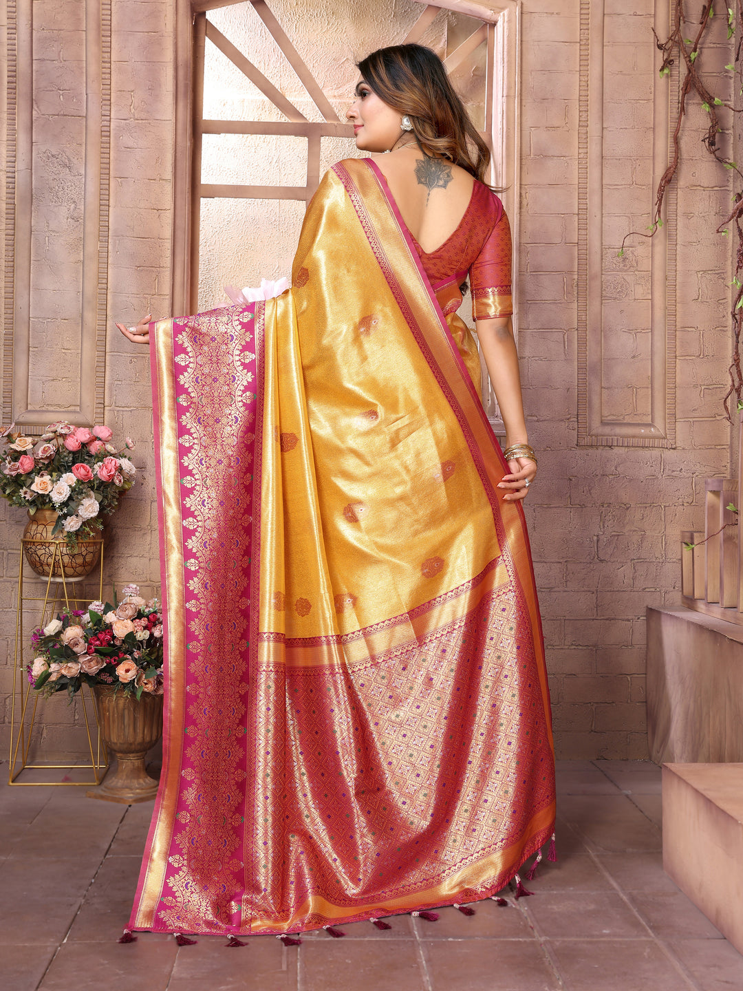 Yellow Sundari Banarasi Tissue Silk Saree With Contrast Banarasi Woven Borders & Pallu