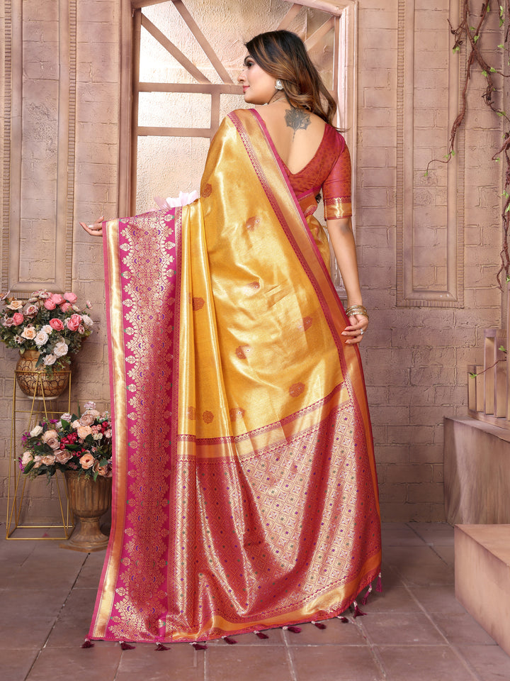 Yellow Sundari Banarasi Tissue Silk Saree With Contrast Banarasi Woven Borders & Pallu