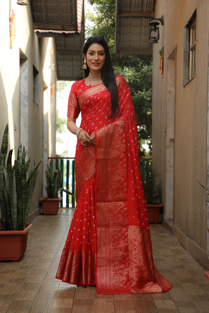 Red Suvarna-3 Bandhej Kanjivaram silk saree And Kanjivaram Border with Zari Weaving Rich Pallu