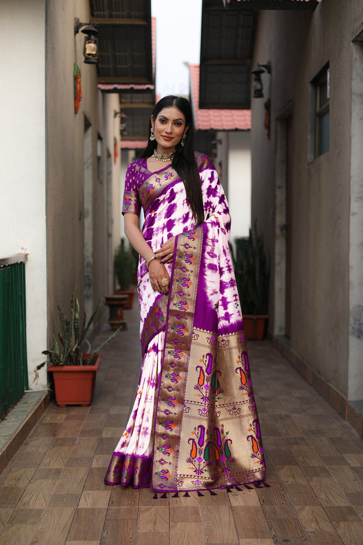 Purple Poonam Sibori Print Paithani Silk Sarees With Gold Zari Paithani Border & Contrast Rich Pallu