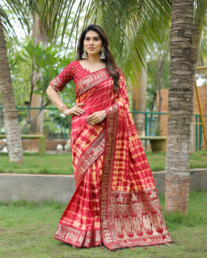Maroon Rangavelly Sibori Print Paithani Silk Sarees With Gold Zari Paithani Border & Contrast Rich Pallu