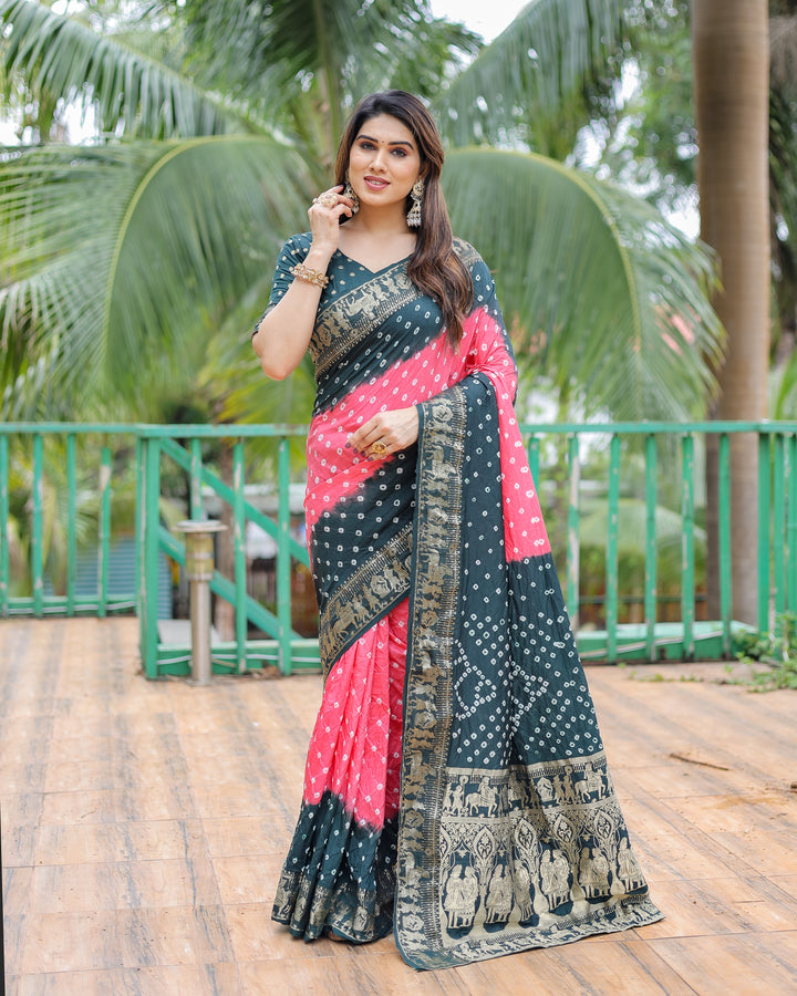 Light Pink Vamika Pure Bandhej Silk Saree With Bandhej Border & Zari Weaving Rich Tissue Pallu