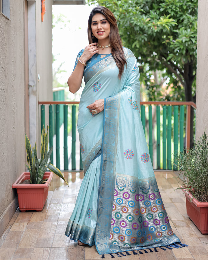Sky Kamlika Dola Silk With Unique Butta And Contrast Border & Rich Pallu