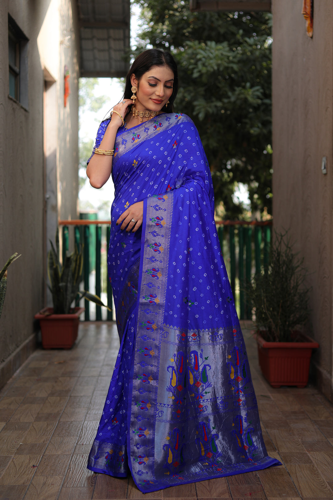 Blue Yogeshwari Dola Soft Silk Bandhej Saree With Jari Border & Weaving Paithani Style Rich Pallu
