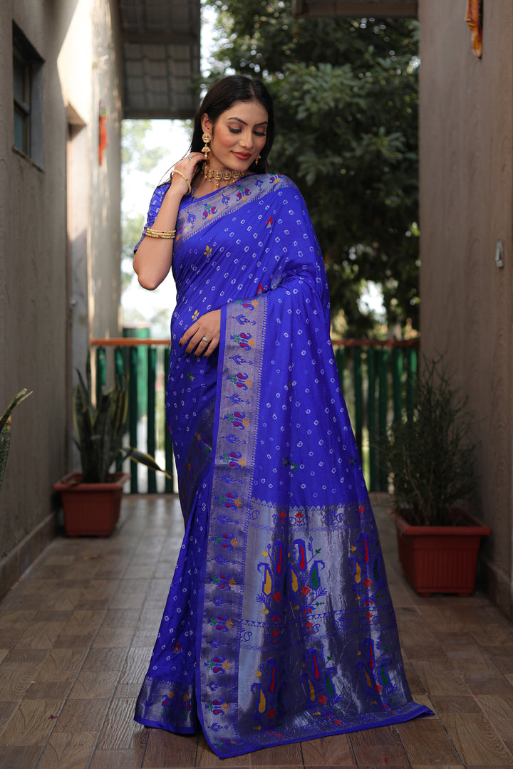 Blue Yogeshwari Dola Soft Silk Bandhej Saree With Jari Border & Weaving Paithani Style Rich Pallu