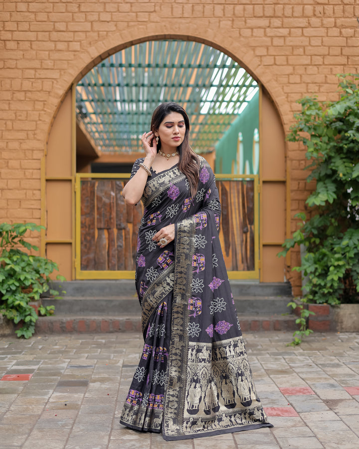 Black Mastani Soft Dola Silk Bandhej Print Sarees With Kanchi Weaving Border And Allover Zari Border
