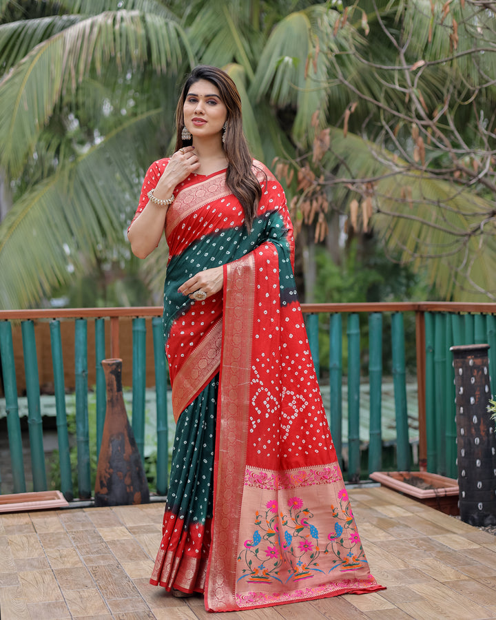 Dark Green Devika Dola Soft Silk Bandhej Sarees Jari Paithani Weaving Border & Weaving Paithani Style Rich Pallu