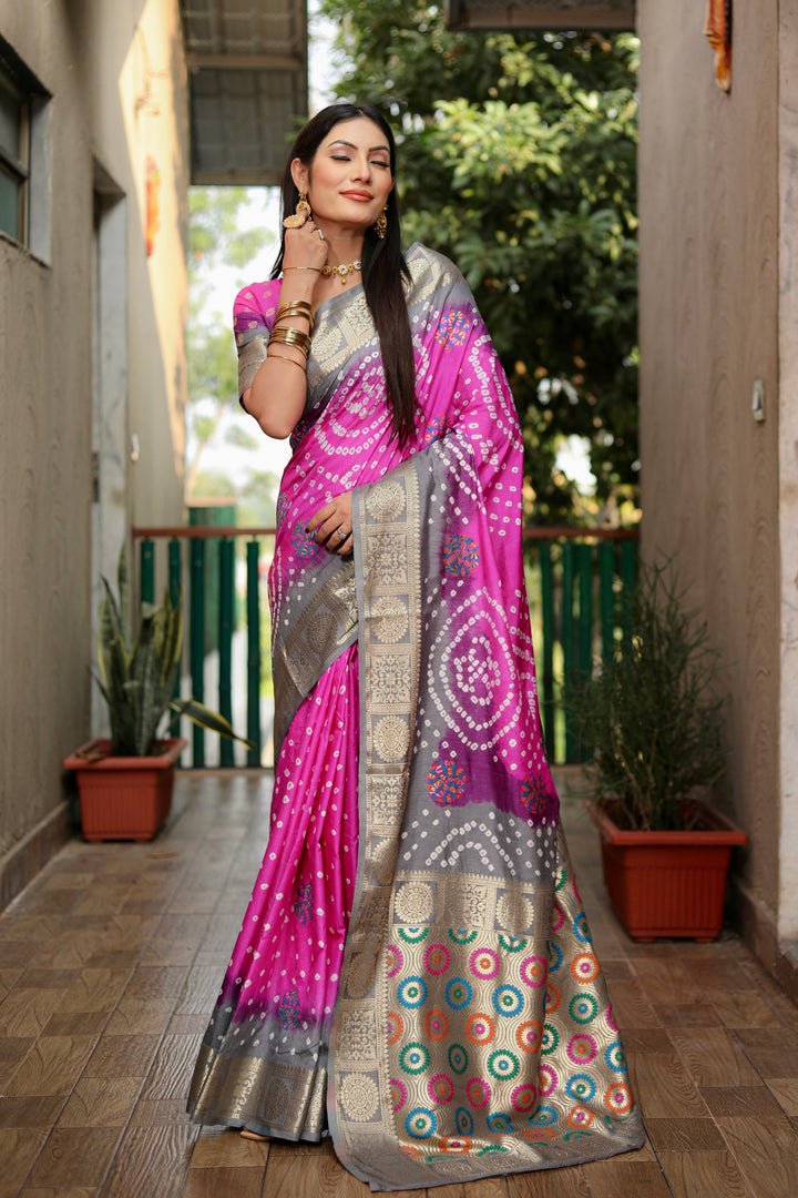 Light pink Ishani Pure Bandhej Silk Saree Minakari Weaving Butta With Zari
