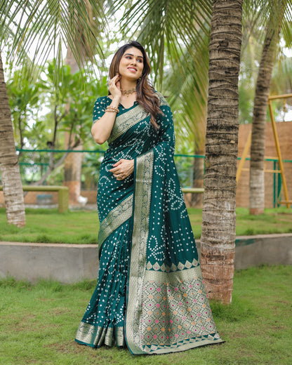 Green Padmavati Dola Soft Silk Bandhej Saree With All Over Handmade Bandhej With Jari Weaving Border