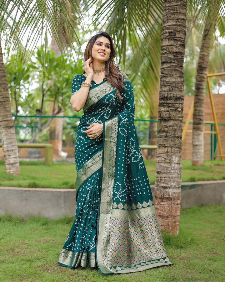 Green Padmavati Dola Soft Silk Bandhej Saree With All Over Handmade Bandhej With Jari Weaving Border