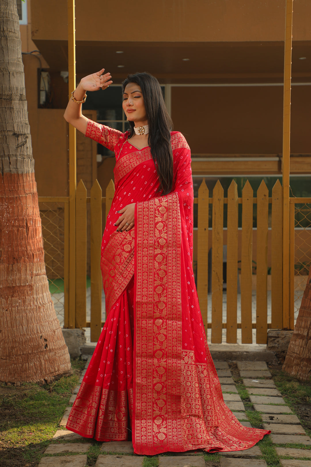 Red Toral Bandhej Kanjivaram Silk Saree Kanjivaram Border With Zari Weaving Rich Pallu