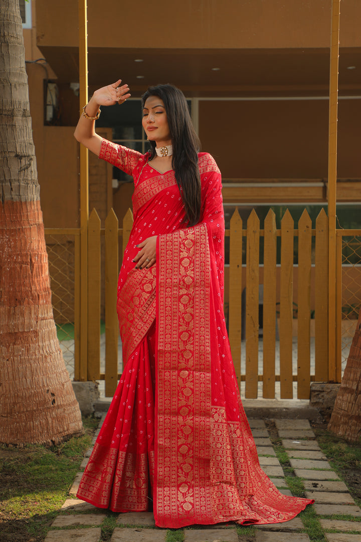 Red Toral Bandhej Kanjivaram Silk Saree Kanjivaram Border With Zari Weaving Rich Pallu