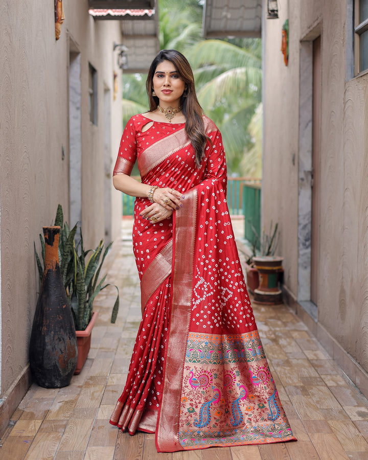 Maroon Yashomati Dola Soft Silk Bandhej Sarees With Awesome Two Sides Jari Border &  Paithani Style Rich Pallu