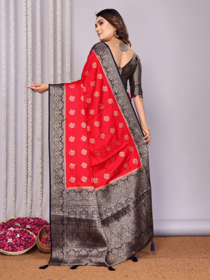 Red Sandhya Satin Silk Sarees With Butta Designs & Contrast Zari Woven Borders