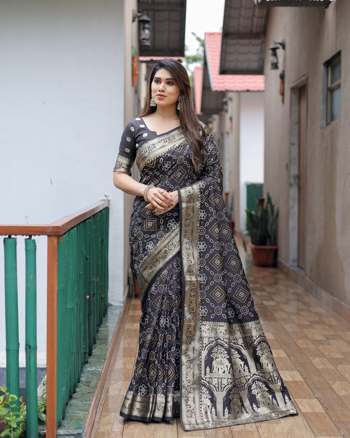 Black Pushpavati Soft Dola Silk Bandhej Sarees With Kanchi Weaving Border With Multicolour Bandhej Block Print Design