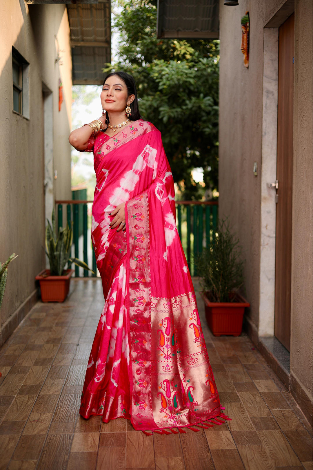 Pink Vatika Sibori Print Paithani Silk Sarees With Gold Zari Paithani Border & Contrast Rich Pallu