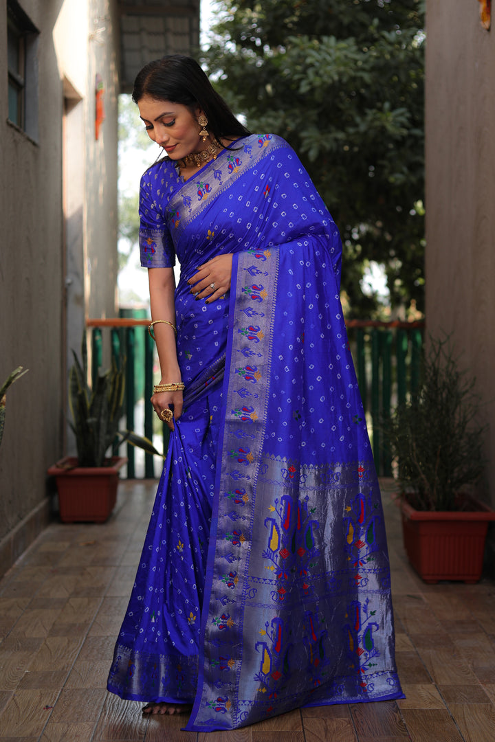 Blue Yogeshwari Dola Soft Silk Bandhej Saree With Jari Border & Weaving Paithani Style Rich Pallu