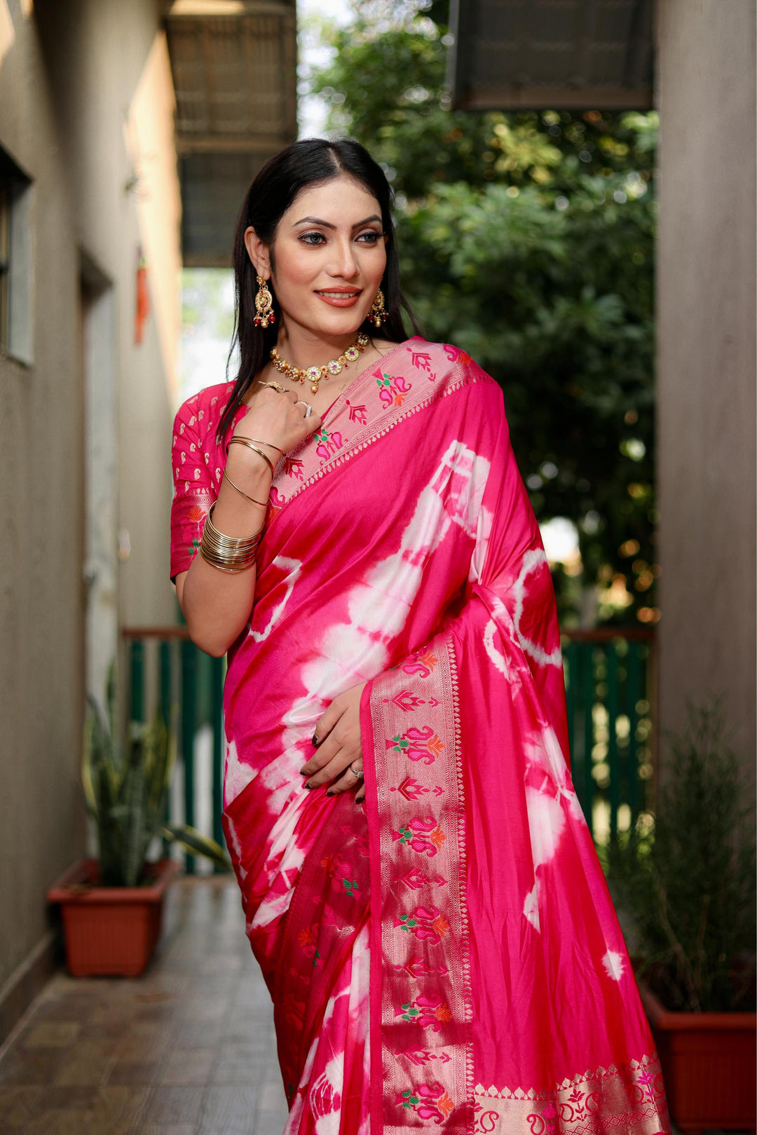 Pink Vatika Sibori Print Paithani Silk Sarees With Gold Zari Paithani Border & Contrast Rich Pallu