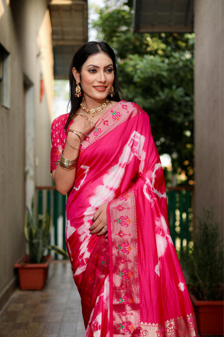 Pink Vatika Sibori Print Paithani Silk Sarees With Gold Zari Paithani Border & Contrast Rich Pallu