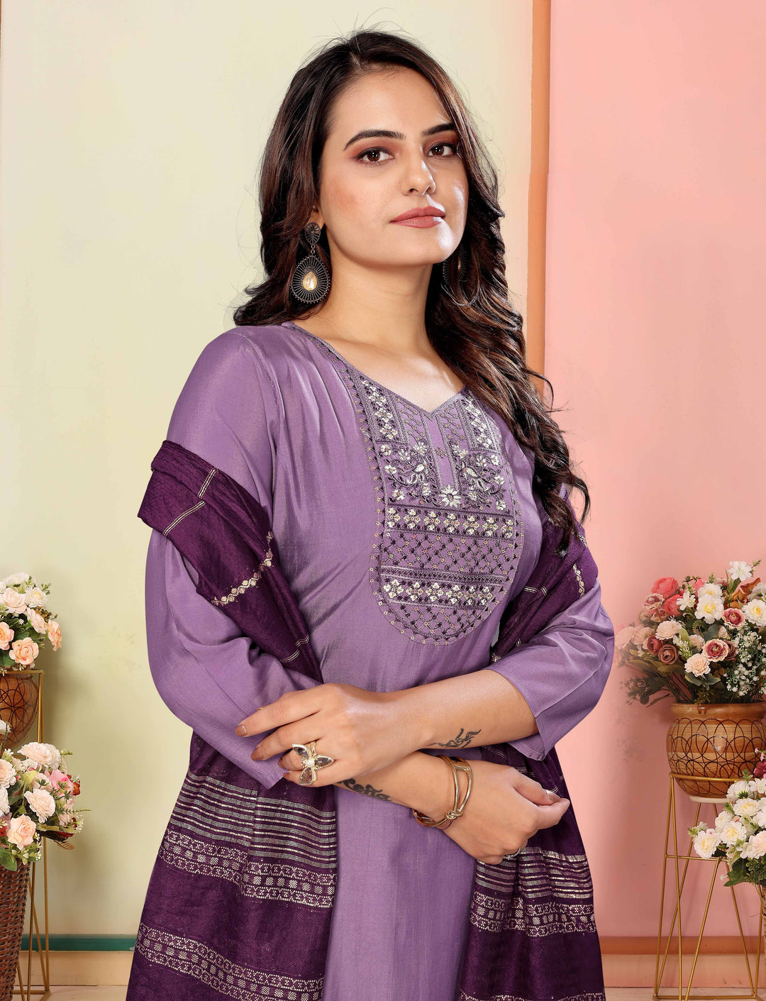 Purple Color Silk Embroidery Kurti with Pant And Dupatta Sets
