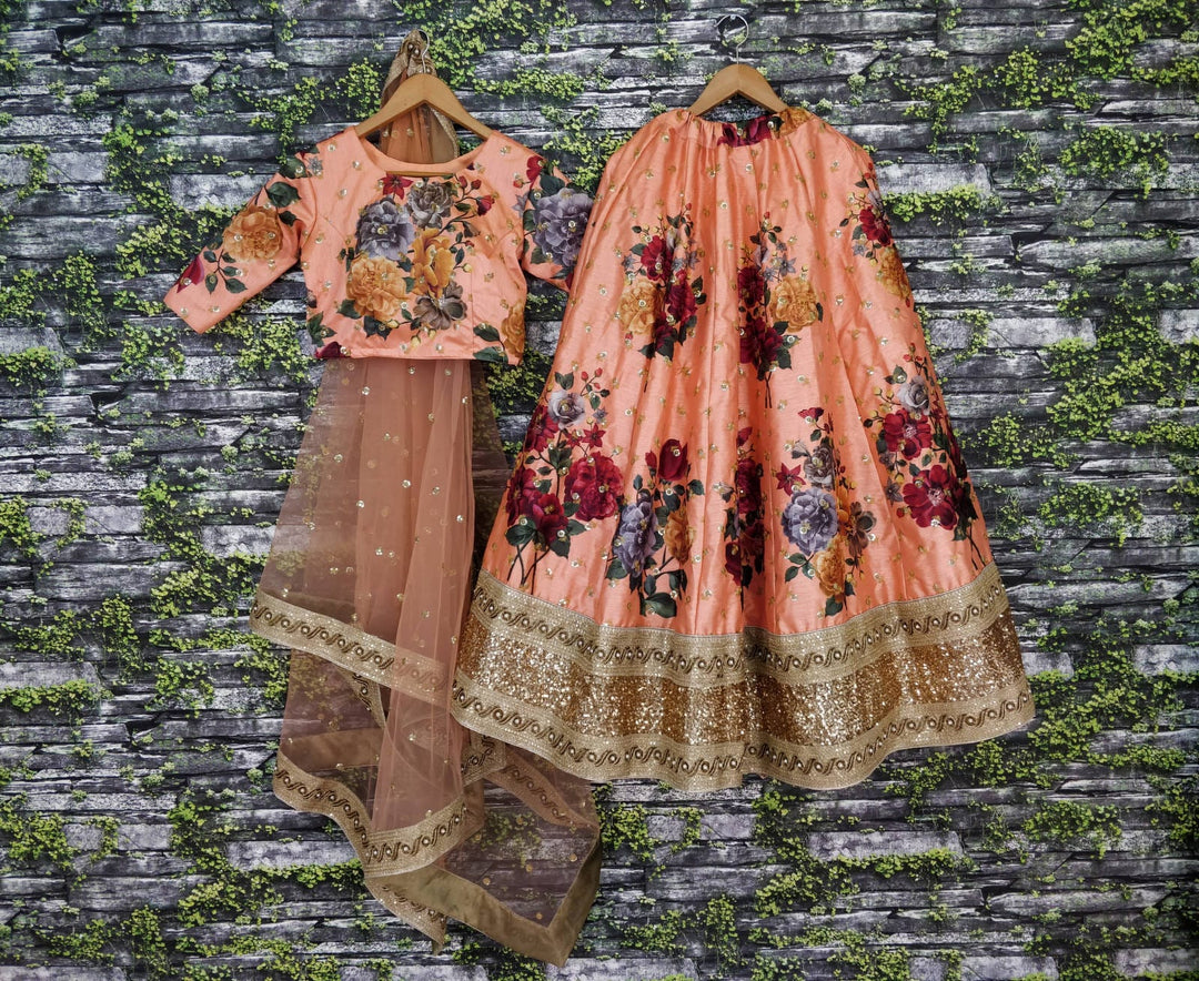 Peach Color Art Silk Sequins Embroidered Border and Pearl work Lehenga Choli