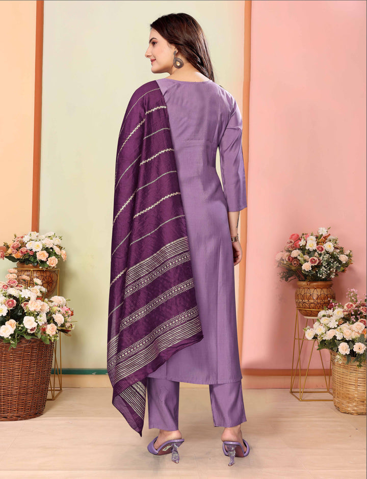 Purple Color Silk Embroidery Kurti with Pant And Dupatta Sets
