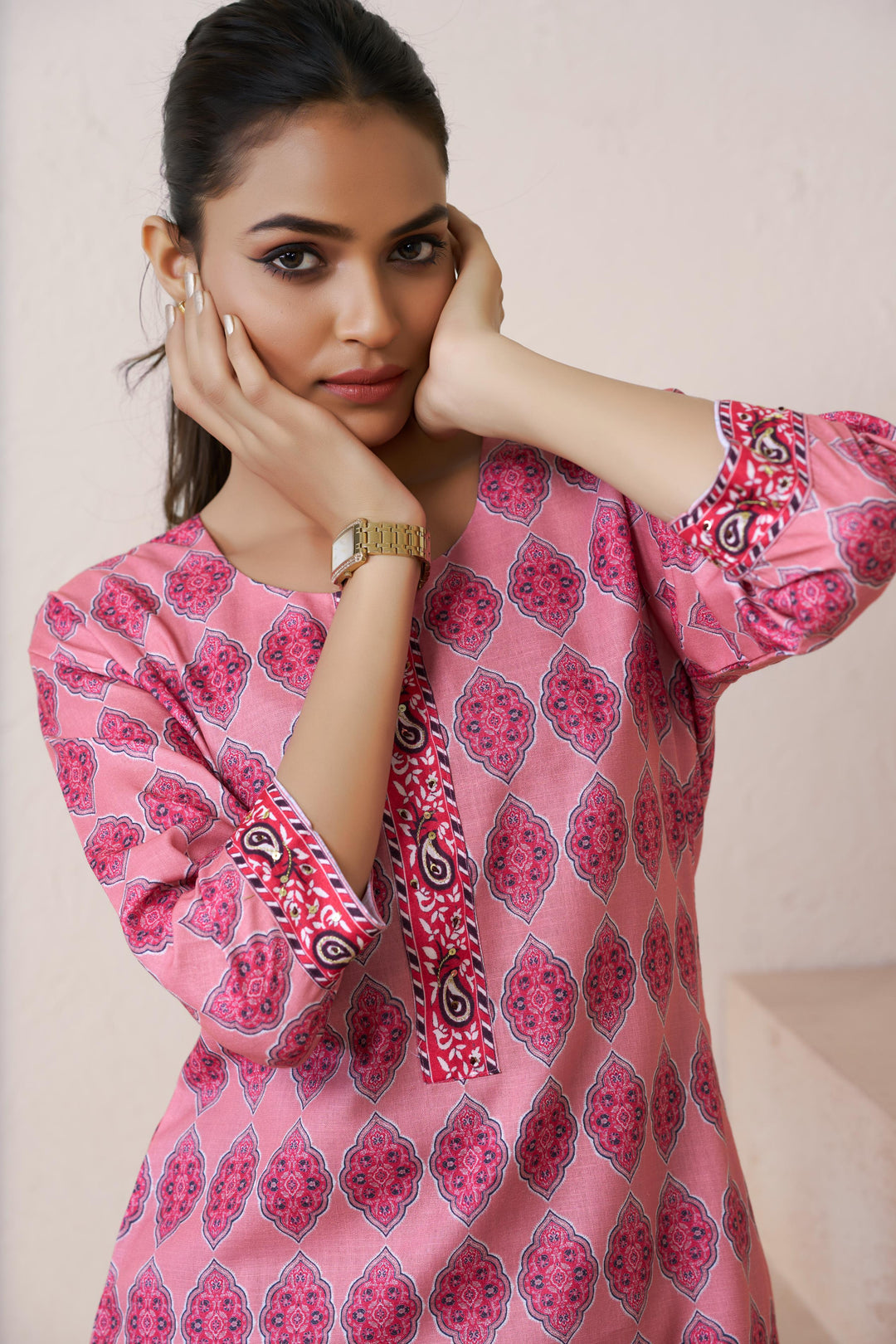 Pink Color Cotton Lilen With Print And Embroidery Work Kurti