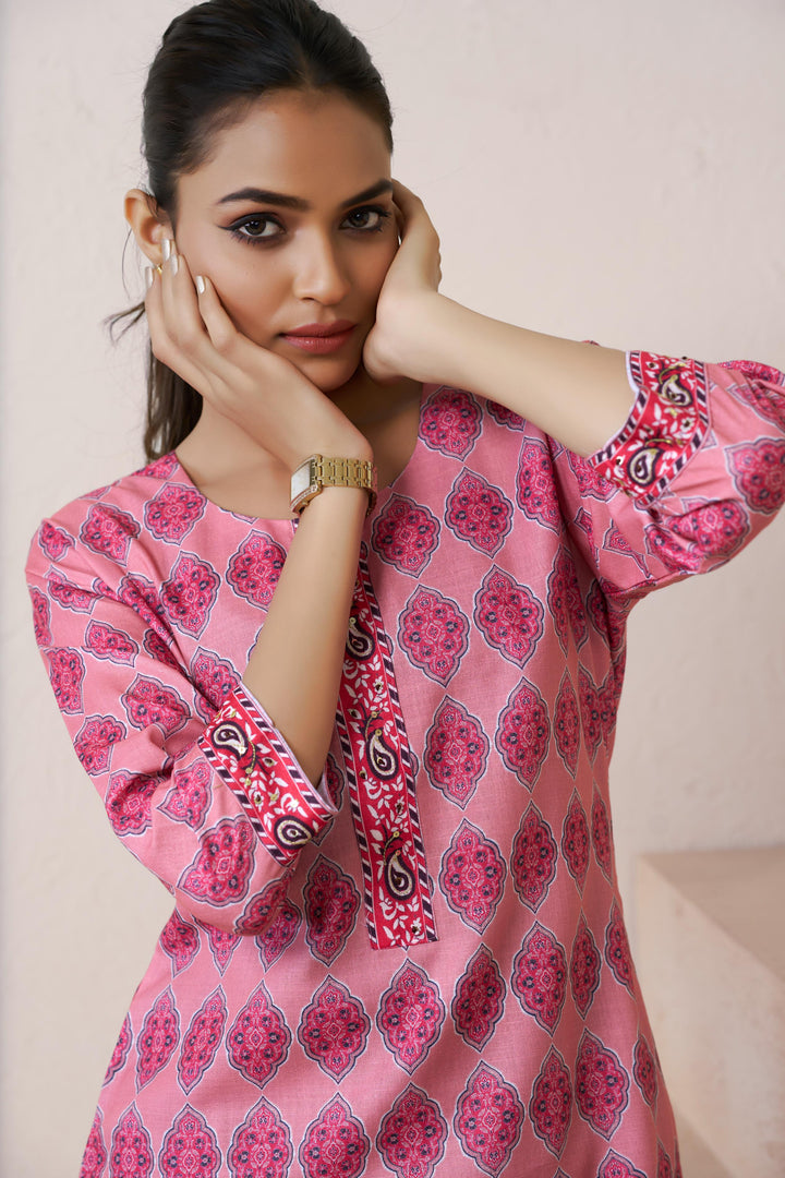 Pink Color Cotton Lilen With Print And Embroidery Work Kurti