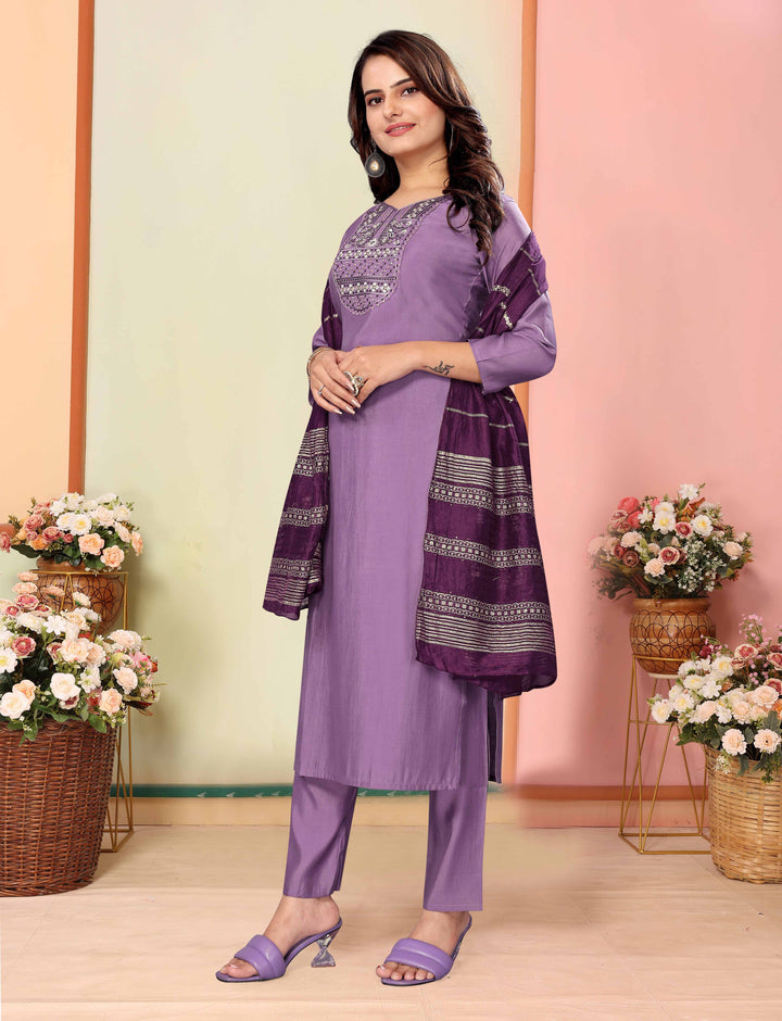 Purple Color Silk Embroidery Kurti with Pant And Dupatta Sets