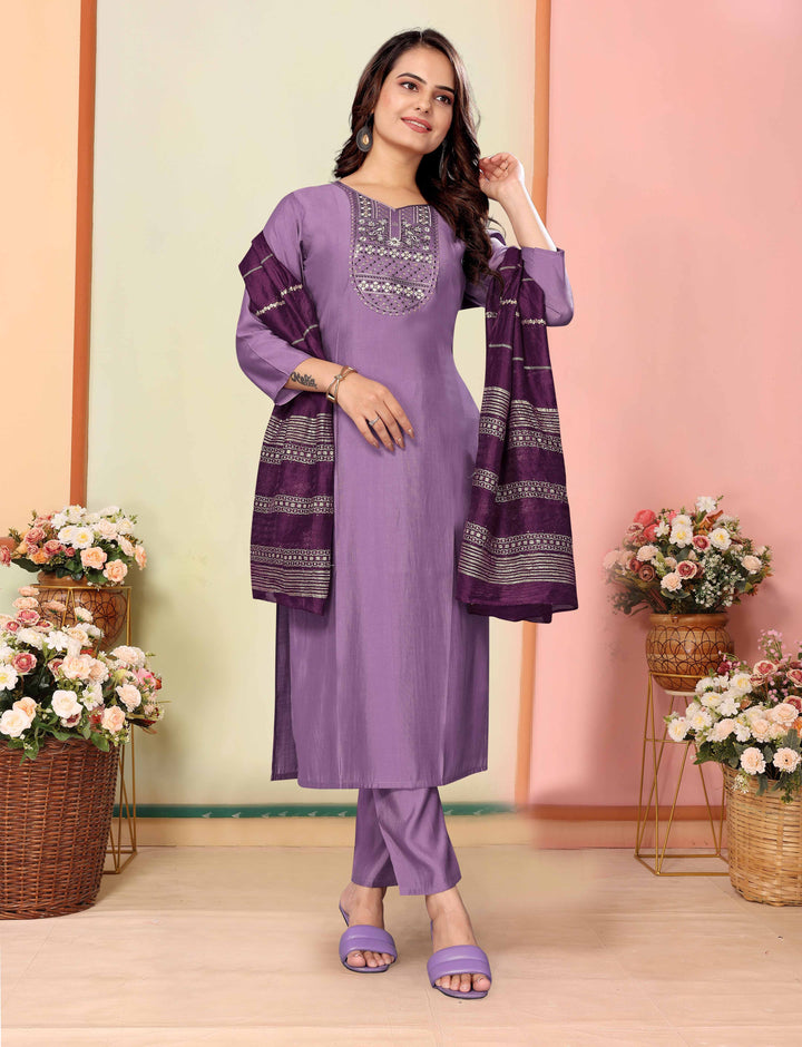 Purple Color Silk Embroidery Kurti with Pant And Dupatta Sets